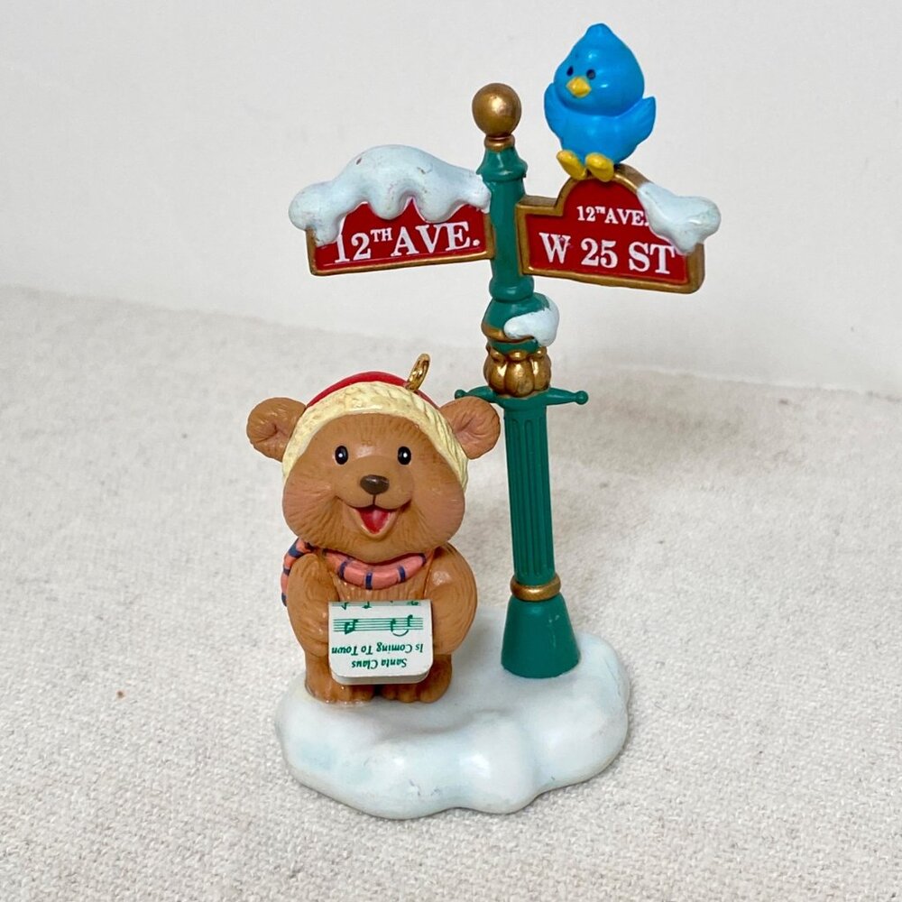 1992 Lustre Fame Vintage Christmas Ornament Bear Caroling Lamp Post Bluebird